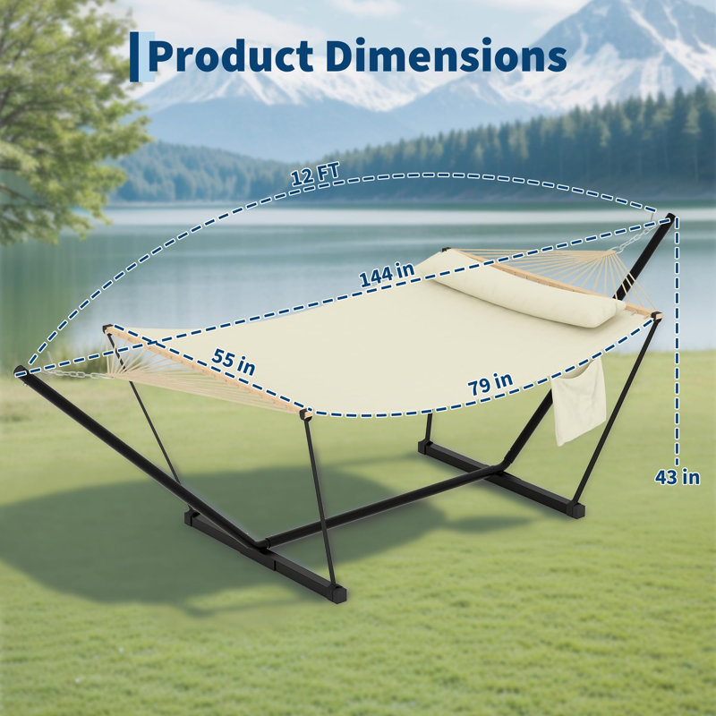 Double Hammock for 2 Person, 3.6m Garden Hammock with Wooden Spreader Bar & Detachable Pillow, 204kg Outdoor Swing Bed, Beige