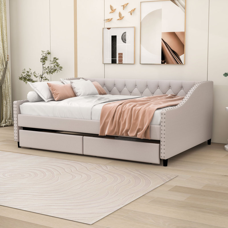 CanapÃ©-lit double rembourrÃ© avec deux tiroirs, Beige