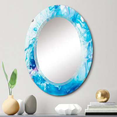 Abstrait art liquide blanc et bleu - miroir mural moderne ovale