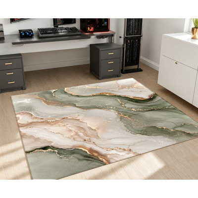 Tapis en velours vert et blanc à motif de tourbillon vert et doré, dossier antidérapant, tapis décoratif, décoration intérieure élégante pour le salon, la chambre à coucher, la salle à manger, le bureau, le couloir, un appartement