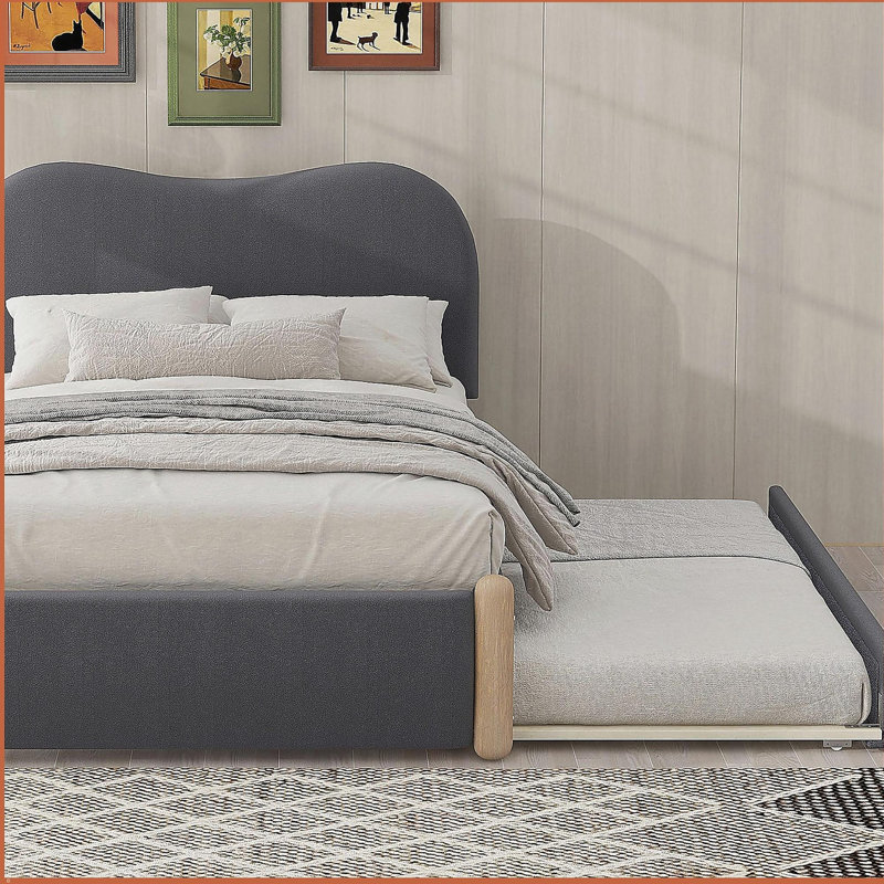 Lit plateforme simple tapissier avec pieds de support en bois et lit gigogne simple, gris