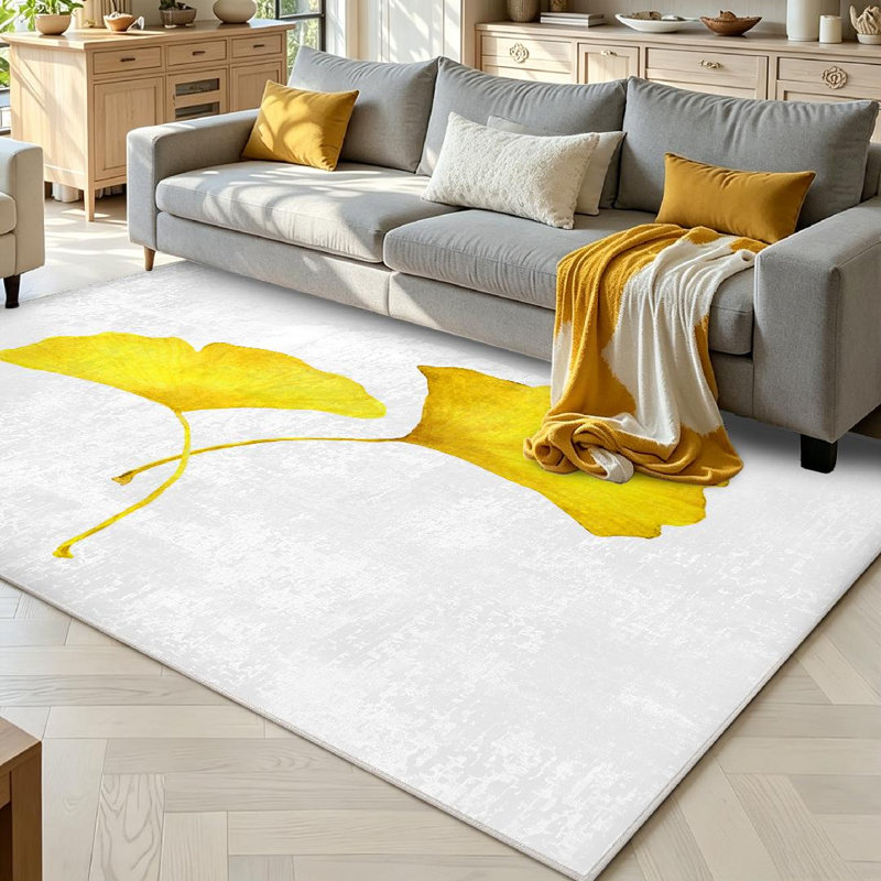 Yellow Leaves Autumn Botanical Watercolor Fall Art Artwork Machine Washable Indoor Area Rug, Rectangle 71" x 98"