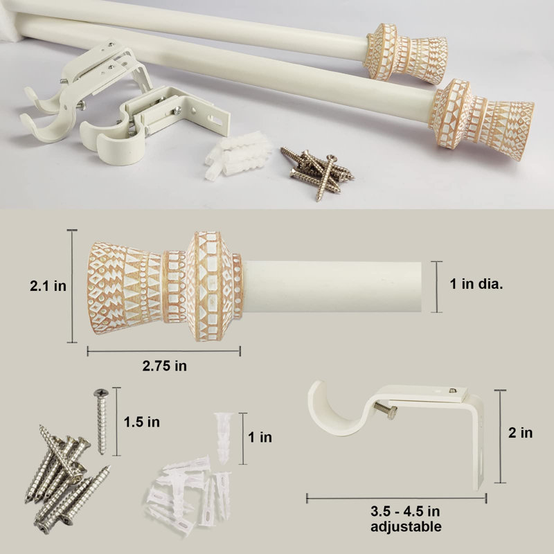 Ensemble de tringle à rideaux simple de style moderne boho avec fleuron rond sculpté, 72 à 144 pouces, tringle à rideaux simple blanche standard pour 1 paquet, 1 pouce de diamètre, longueur réglable