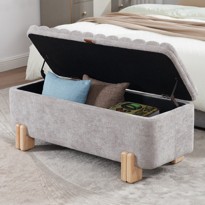 Banc de rangement rembourré à dessus rabattable avec pieds en bois massif, Velours gris velours, Crème, crème