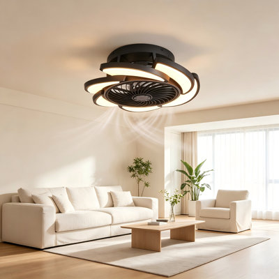 Enclosed Bladeless Circulation Ceiling Fan Light, 6-Speed Remote Dimmable Low Profile Fan for Bedroom Living Room, Black