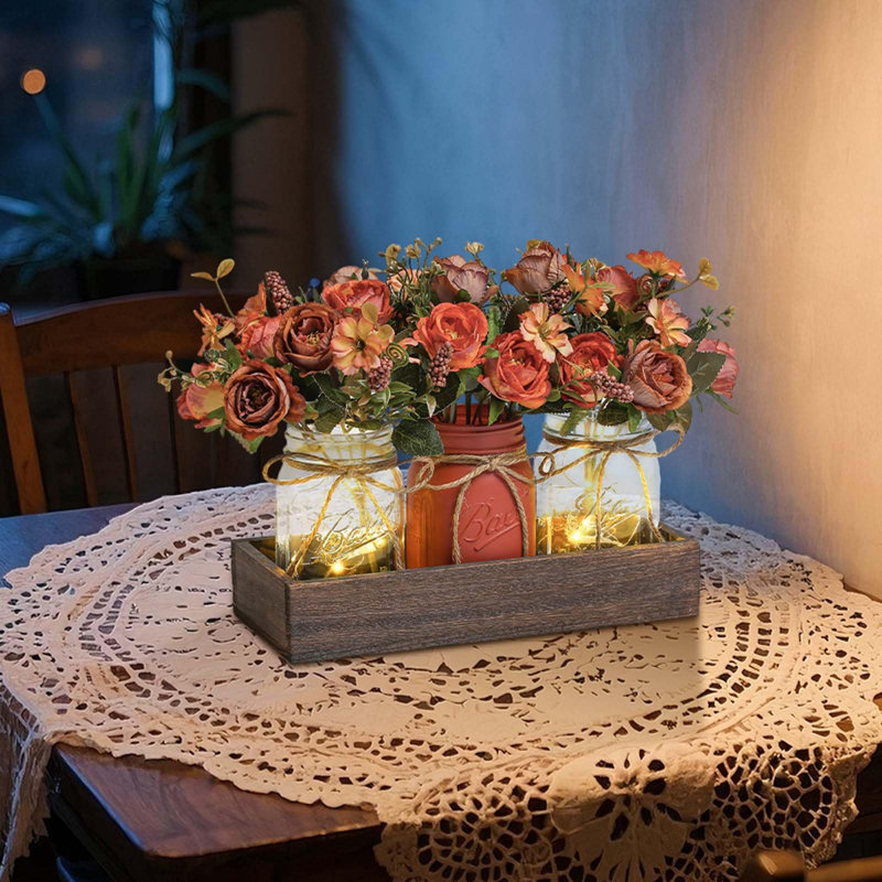 3 Pcs Mason Jar Centerpiece Table Decorations Fake Flowers Artificial Blue Flowers Rustic Spring Centerpieces Decor with Wood Tray and Light Table Decorations for Home Kitchen Living Room