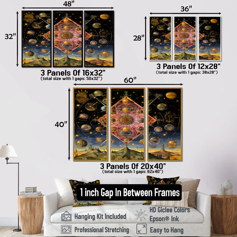 Alchimie signe univers - ensemble de décoration murale pierre spirituelle, Encadrement argenté, H 28 po x l 36 po x P 1 po