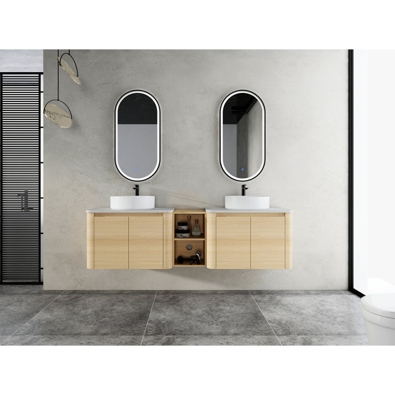Meuble-lavabo mural 72 po avec lavabo d'art en céramique, 1 tablette de rangement, 4 portes à fermeture douce, contreplaqué, entretien facile