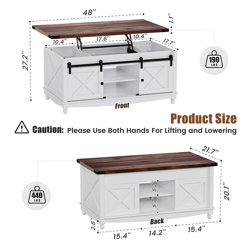Givens Farmhouse Lift Top Coffee Table With Storage Sliding Barn Door, White