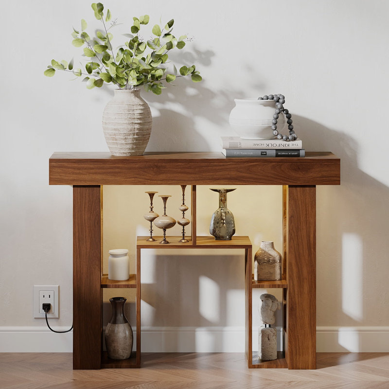 43" Console Table, Modern Wood Side Table With Open Storage Shelves, Freestanding Narrow Display Shelf, Accent Table, Behind Couch Table For Living Room, Hallway, Foyer