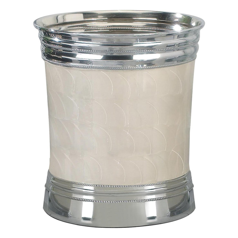 Polished Silver and Enamel Round Bathroom Wastebasket