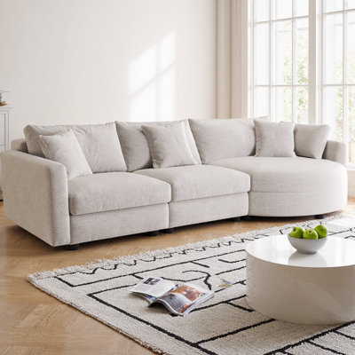 105" Chenille Fabric 3-Piece Sectional Sofa with Curved Chaise and 3 Throw Pillows, Solid Pine Wood Frame with Spring Cushion Support for Living Room