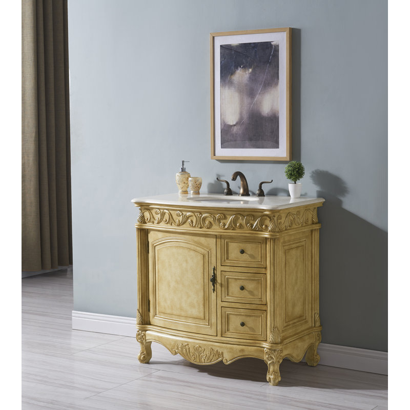 36'' Single Bathroom Vanity with Top, Tan, Cream Marble