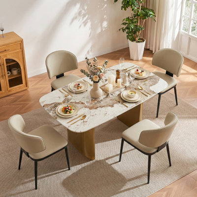 Hugette 55''Rectangular Sintered Stone Dining Table for 2-4 People, Modern Kitchen Table with Gold Stainless Steel Legs , Luxury Dining Room Table for Living Room, Gold (Table Only)