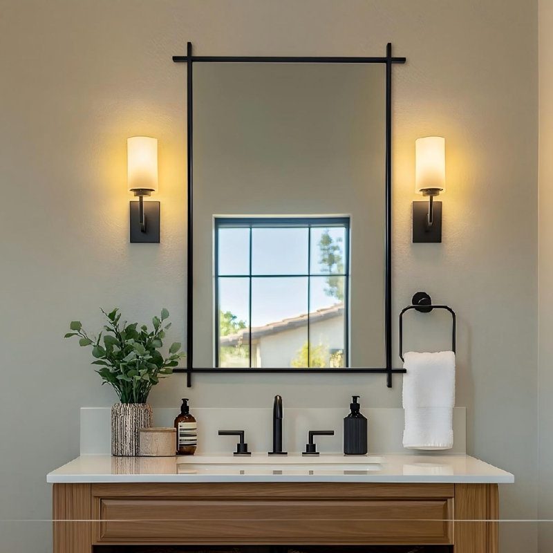 Vintage Cross Corner Rectangle Bathroom Vanity Mirror | Stainless Steel Frame, 36" x 24", Matte Black