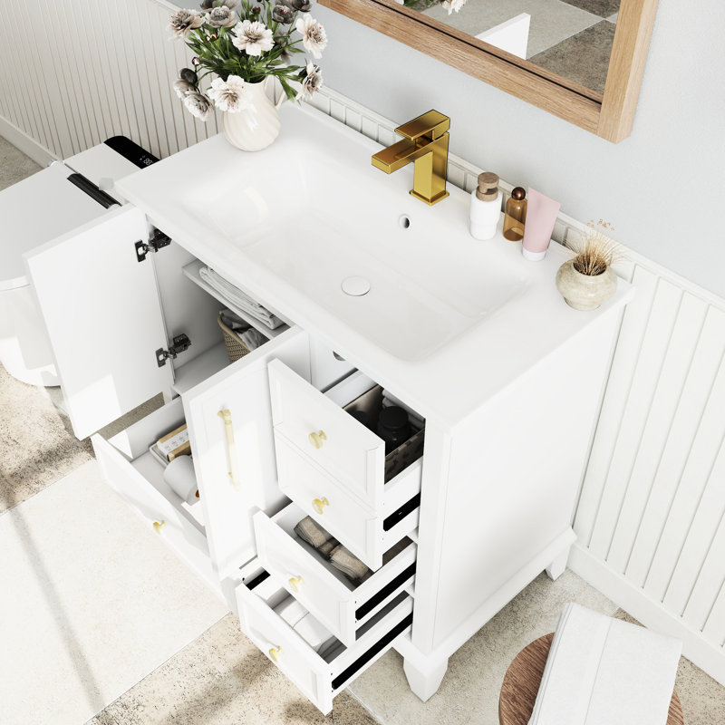 Meuble-lavabo de 35,6 po, style Mid-Century, autoportant, finition peinte, grand espace de rangement, lavabo profond, tablettes réglables, surface d'usure intégrée White Century, blanc, facile à installer