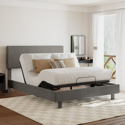 Upholstered All-in-One Adjustable Bed Frame Queen with Integrated Electric Base, Remote Control, Quiet Motor, Adjustable Headboard for 8–14" Mattresses, Vertical Channel Tufting, Deep Gray