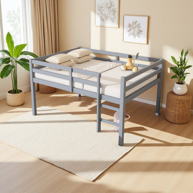 Full Rubber Wood Loft Bed With Ladder, Gray