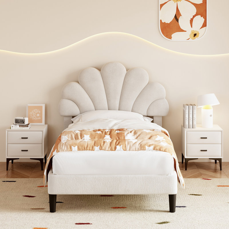 Forcier 90x190cm Single Velvet Upholstered Bed Frame with Adjustable Petal Headboard, Beige