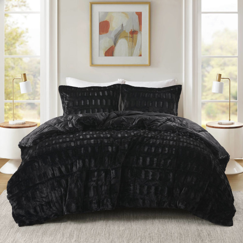 3 pièces d'édredon en fausse fourrure de couleur unie noir très grand / très doux, envers en vison doux, lavable à la machine, mini cousu bout à bout, noir, cousu, lavable