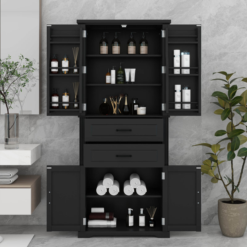 Grande armoire de rangement, armoire de rangement autoportante avec 2 portes, tablette réglable et 2 tiroirs, Noir
