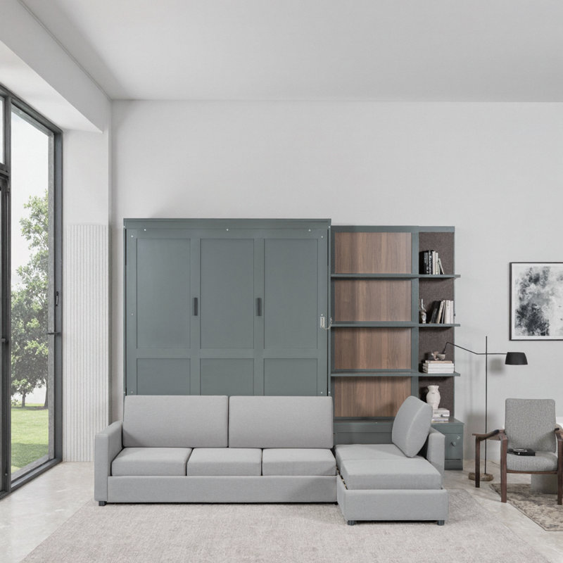 Grand lit escamotable mural avec canapé encastré et tablettes de rangement, mobilier peu encombrant pour petits espaces, finition grise
