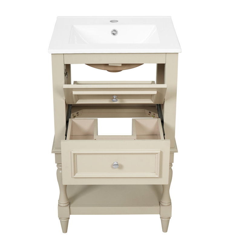 Meuble-lavabo avec lavabo en céramique, tablette ouverte et 2 tiroirs, Beige