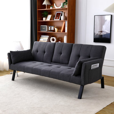 Canapé-lit pliable en coton et en lin de 70 pouces avec porte-gobelet et rangement latéral, pour les petits espaces et la multifonctionnalité