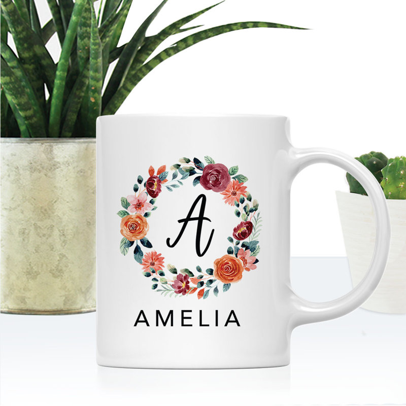 Custom Monogram Initial Coffee Mug Gifyt Letters A-Z, Floral Wreath Custom 11Oz Ceramic Coffee Mug,  1-Pk, Yes