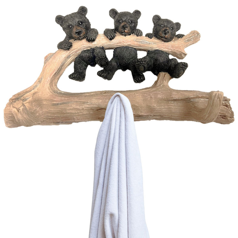 Crochet mural en résine rustique pour bois avec trois oursons noirs sur une branche d'arbre pour manteaux, serviettes et sacs