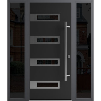Front Exterior Prehung Steel Door / Ronex 0131 Black Enamel / 2 Side Exterior Windows Sidelites/ Stainless Inserts Entry Metal Modern Painted W14+36+14" x H80" Left hand Inswing