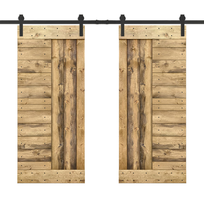 Porte de grange à panneaux et en bois avec quincaillerie d'installation, 84 po x 84 po, Chêne vieilli