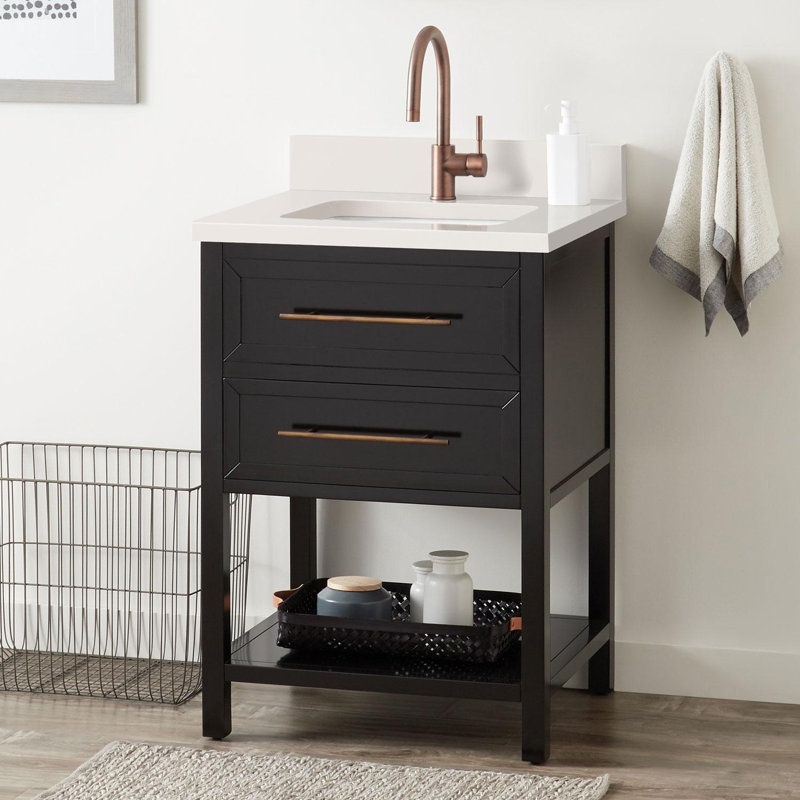Ensemble de meuble-lavabo simple 24 po avec lavabo encastré rectangulaire Robertson, Monotrou, Noir, Quartz blanc plume