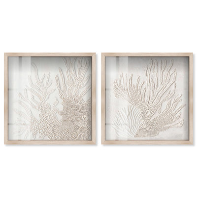 Ocean's Whisper Duo Shadowbox Print Bathroom Wall Art Set by Art Remedy, Blonde Frame, 24 x 24