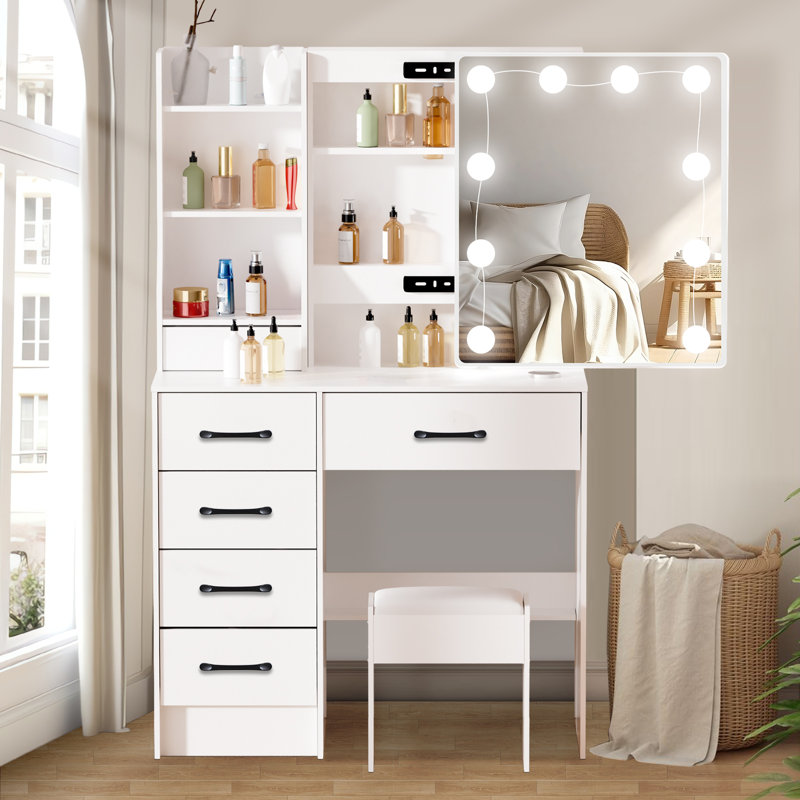 Luquantra White Vanity Desk with Lighted Mirror and LED Light Bulbs, Dressing Table with Cushioned Stool, Drawers and Storage Shelves