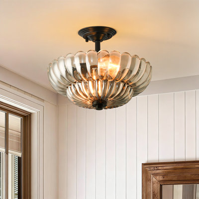 Plafonnier semi-encastré 3 lumières en verre cannelé gris fumée - 12 po, noir mat
