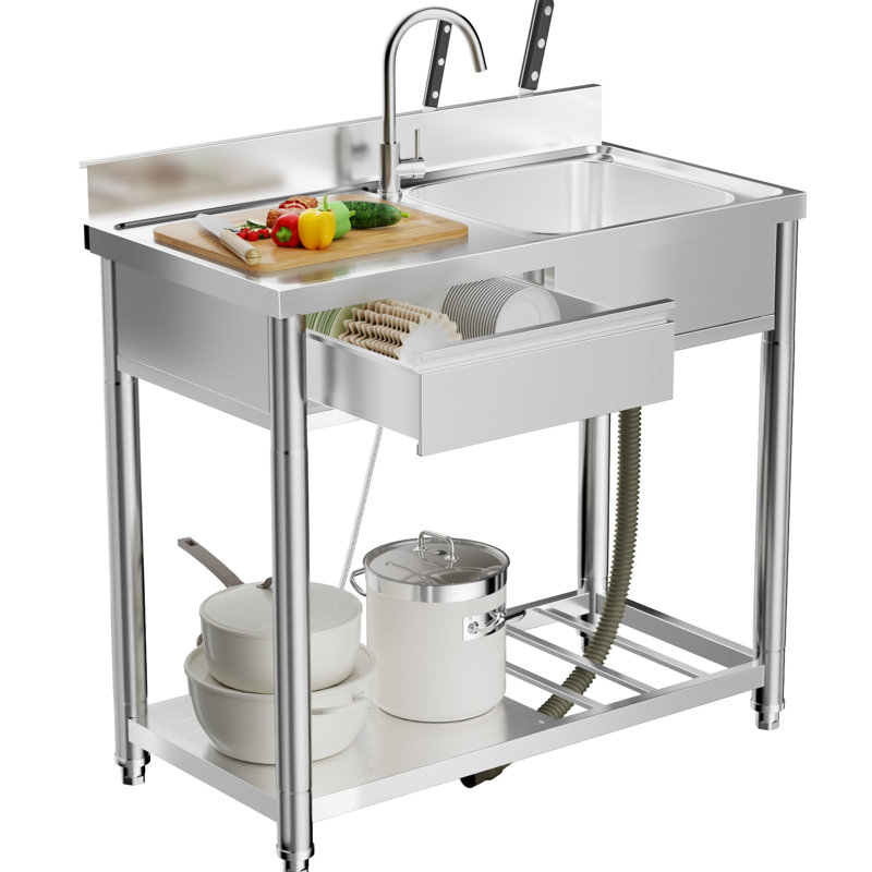 Évier de cuisine extérieur en acier inoxydable 304 de 99 cm (39 pouces) avec tablette de rangement, tiroir et robinet réglables à 360°, idéal pour les barbecues de camping, pivotant à gauche pour l'eau chaude et froide dans le jardin.