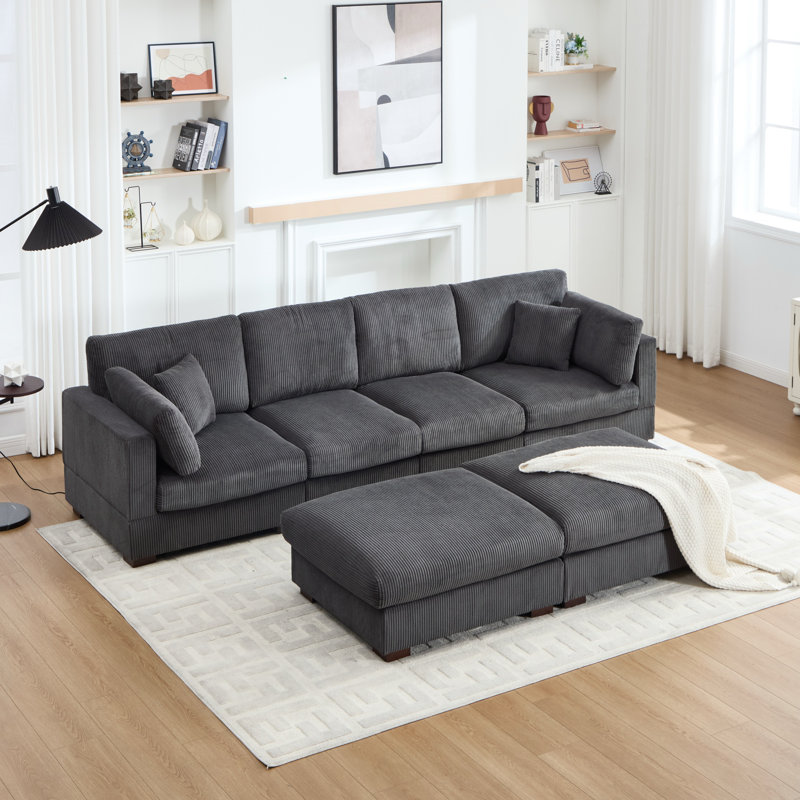 Canapé modulaire en velours côtelé de 120,47 po de largeur avec repose-pieds et deux coussins, Velours côtelé gris foncé