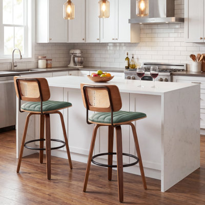 Valerie Wooden Rattan Faux Leather Bar Stools