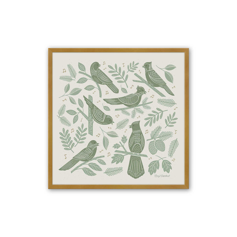 «Song Birds Green», impression encadrée sur papier, H 12 po x l 12 po, Doré