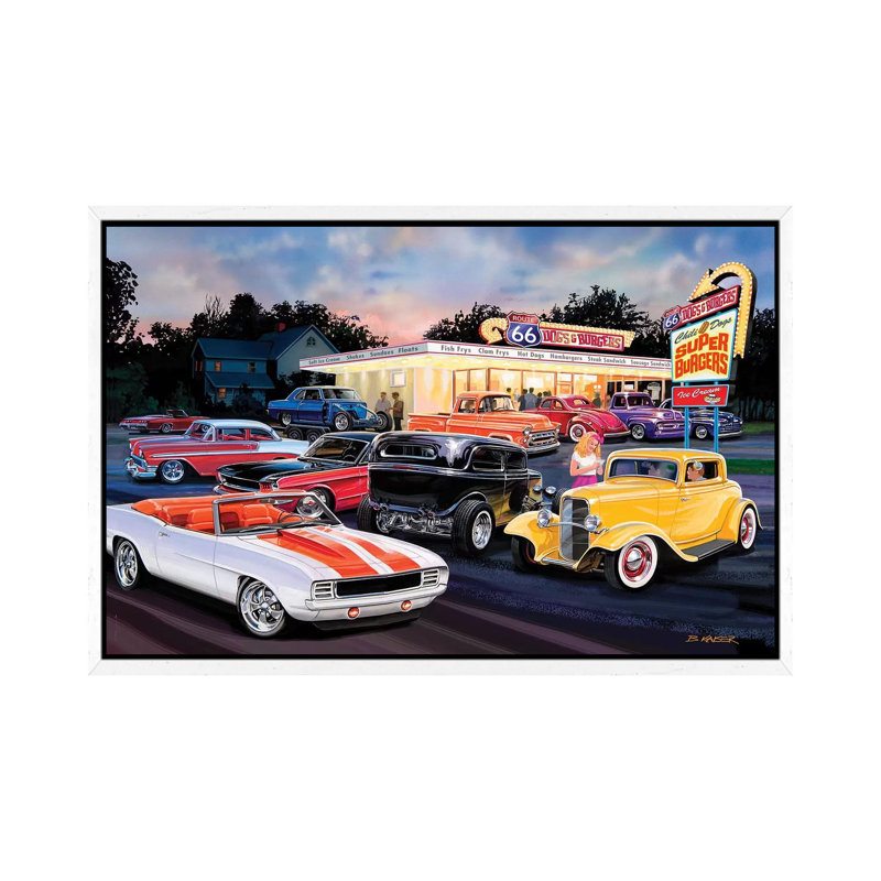 Hot Rod Drive-in II by Bruce Kaiser - Painting on Canvas, 66.04 cm H x 45.72 cm W, White Framed Canvas