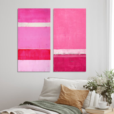 2 Piece Painting Set on Canvas - Pink Fuchia and White Colorfields