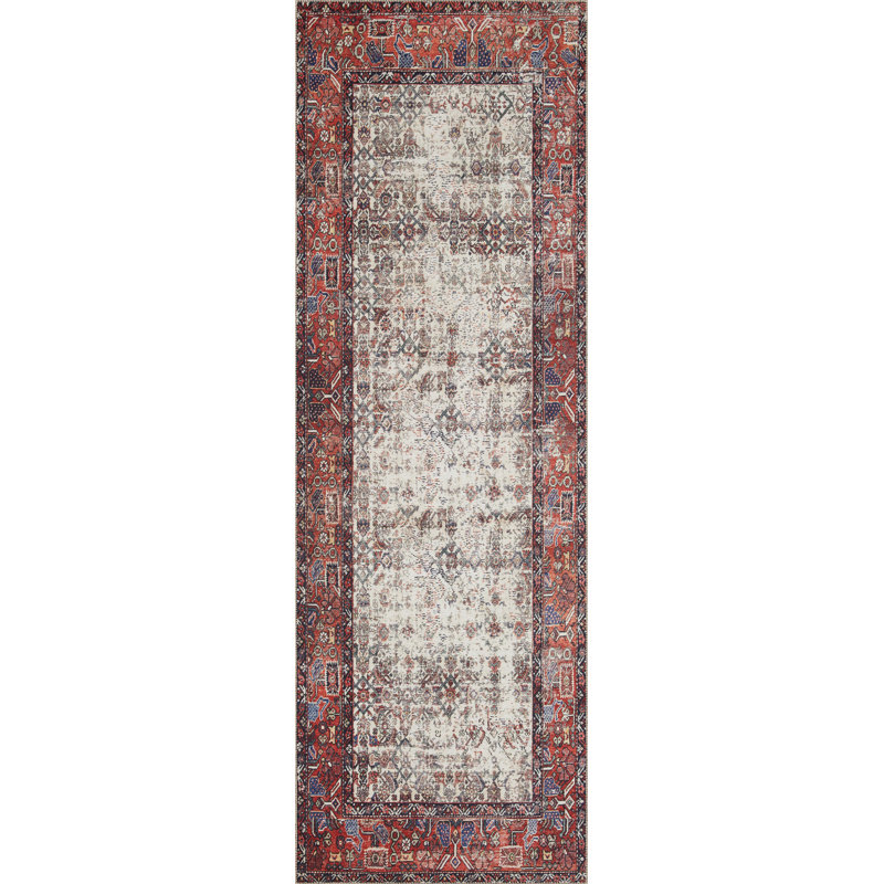 Tapis ivoire / rouge Sim Sim, Tapis de couloir 2 pi 6 po x 7 pi 6 po