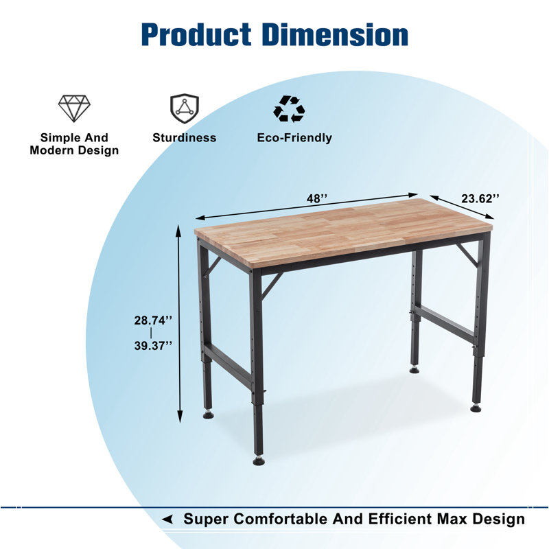 48" Heavy-Duty Adjustable Workbench for Garage, Rubber Wood Shop Table W/Rubber Pads, Hardwood Workstation Weight Capacity over 2000 Lbs