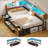 Twin Daybed With Bookcase & Charging Station, Corner Bed Frame With LED Lights & 6 Storage Drawers Black & Vintage Brown-311933764-326821069