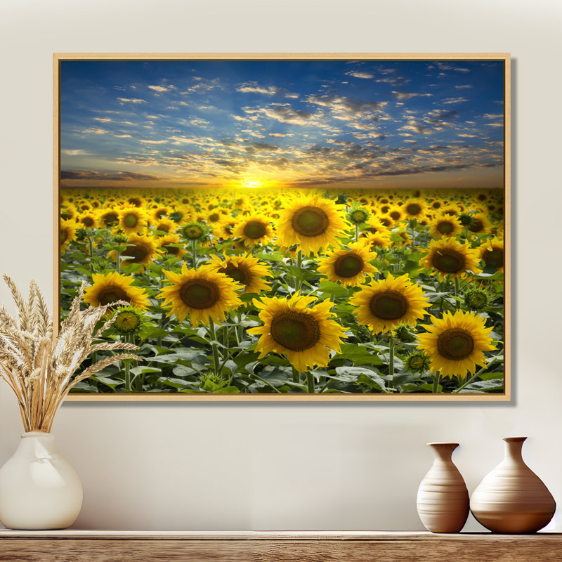 Champ de tournesols en fleurs - reproduction d'art sur bois massif, H 24 po x l 32 po, Cadre flottant, Érable