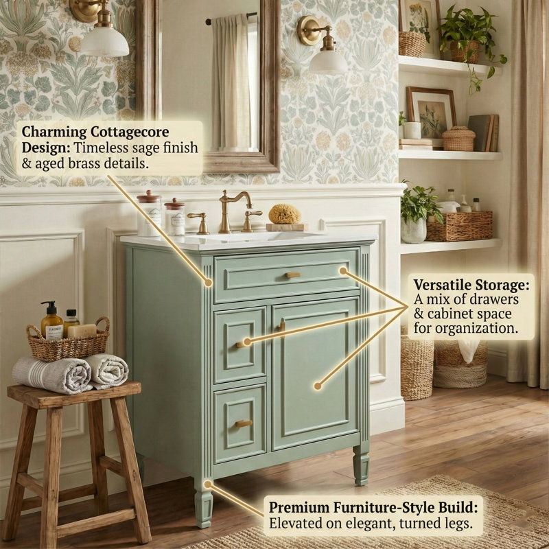 24" Modern Farmhouse Vanity Set, Solid Wood & MDF Cabinet With Gold Handles, Ceramic Top & 3-Drawer Storage, Green