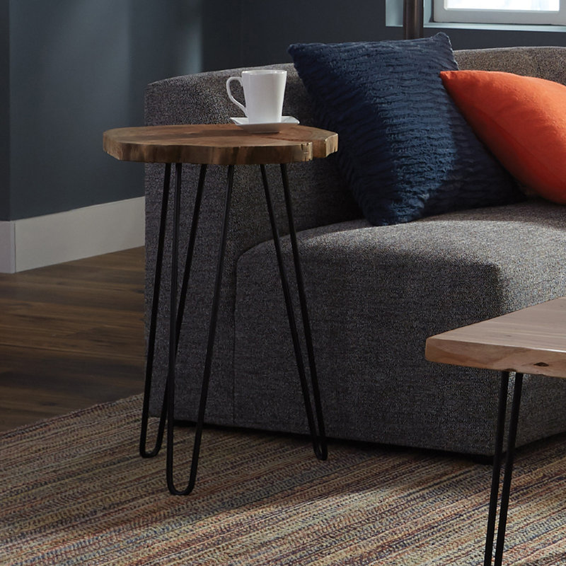 Bexton Industrial Solid Wood Metal Hairpin Natural Live Edge Round End Table