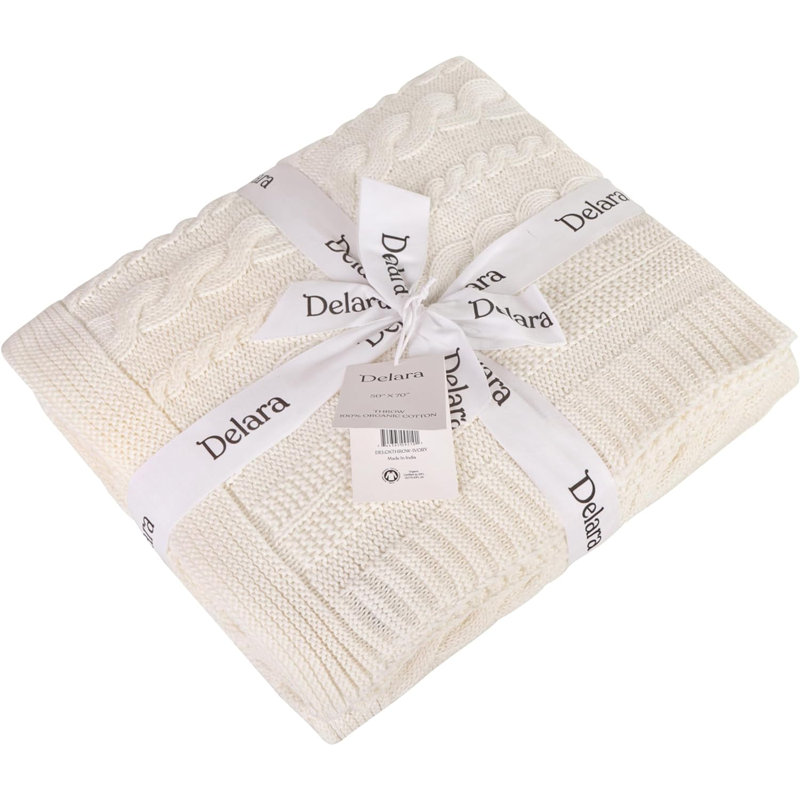 Jeté en coton biologique Delara 50 x 70 pouces, jeté certifié par GOTS pour canapé-lit, Ivoire