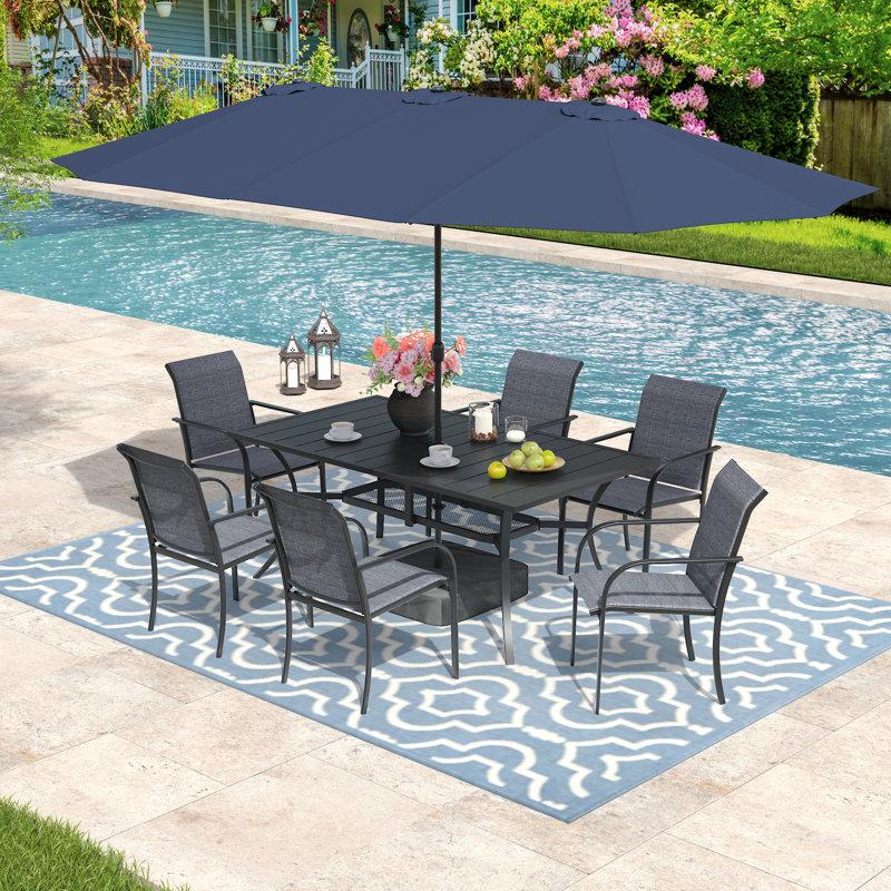 Outdoor Rectangular 6-Person Dining Set With Umbrella & Stackable Textilene Chairs, Gray/Blue